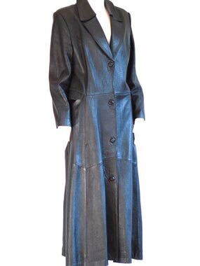 Vintage Black Leather Maxi Coat With A Sweeping Bias Cut